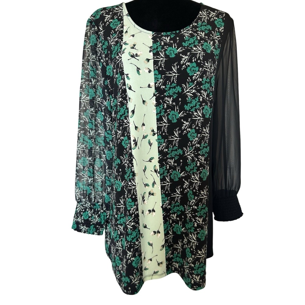 Alfani Black and Green Floral Sheer Sleeve Blouse Size Large